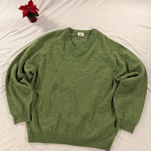 Vintage Lacoste Knit Sweater V Neck Pullover Size 7 / L Green Wool
